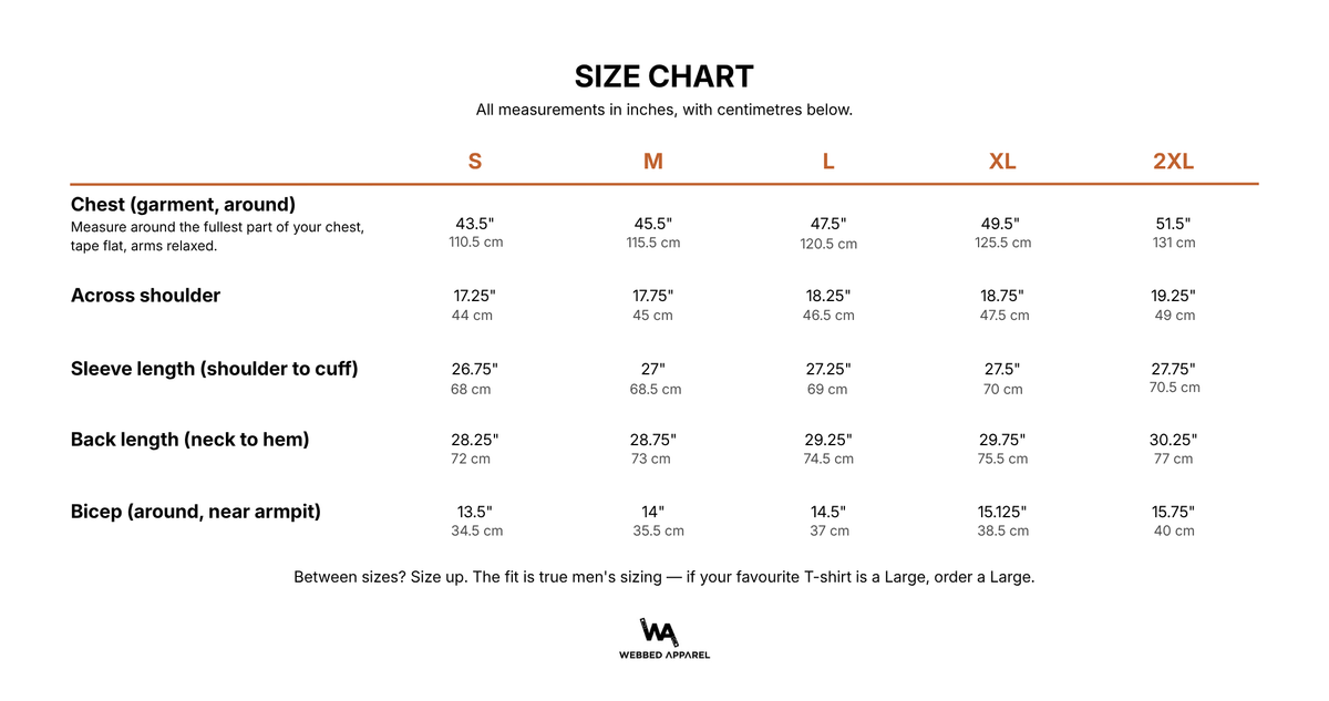 Size chart — chest, shoulder, sleeve, back length and bicep for sizes S to 2XL