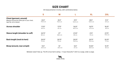 Size chart — chest, shoulder, sleeve, back length and bicep for sizes S to 2XL
